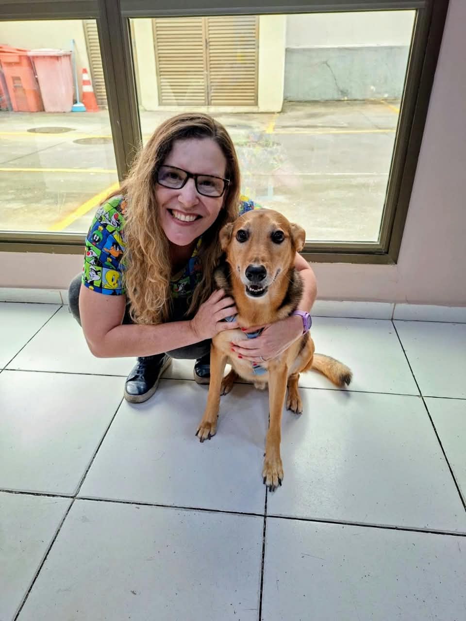 Veterinária abraçada a um paciente cão caramelo no consultório