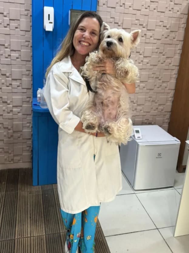 Dra. Ana Paula Ayres Pedro segurando um paciente no consultório Jacaré Amado